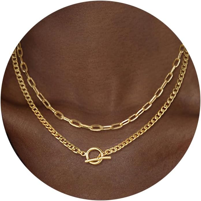 Gold Layered Necklaces for Women, 14K Dainty Gold Chain Necklace Women Trendy Cuban Link Paperclip Chain Toggle Clasp Necklace Fashion Chunky Jewelry for Women